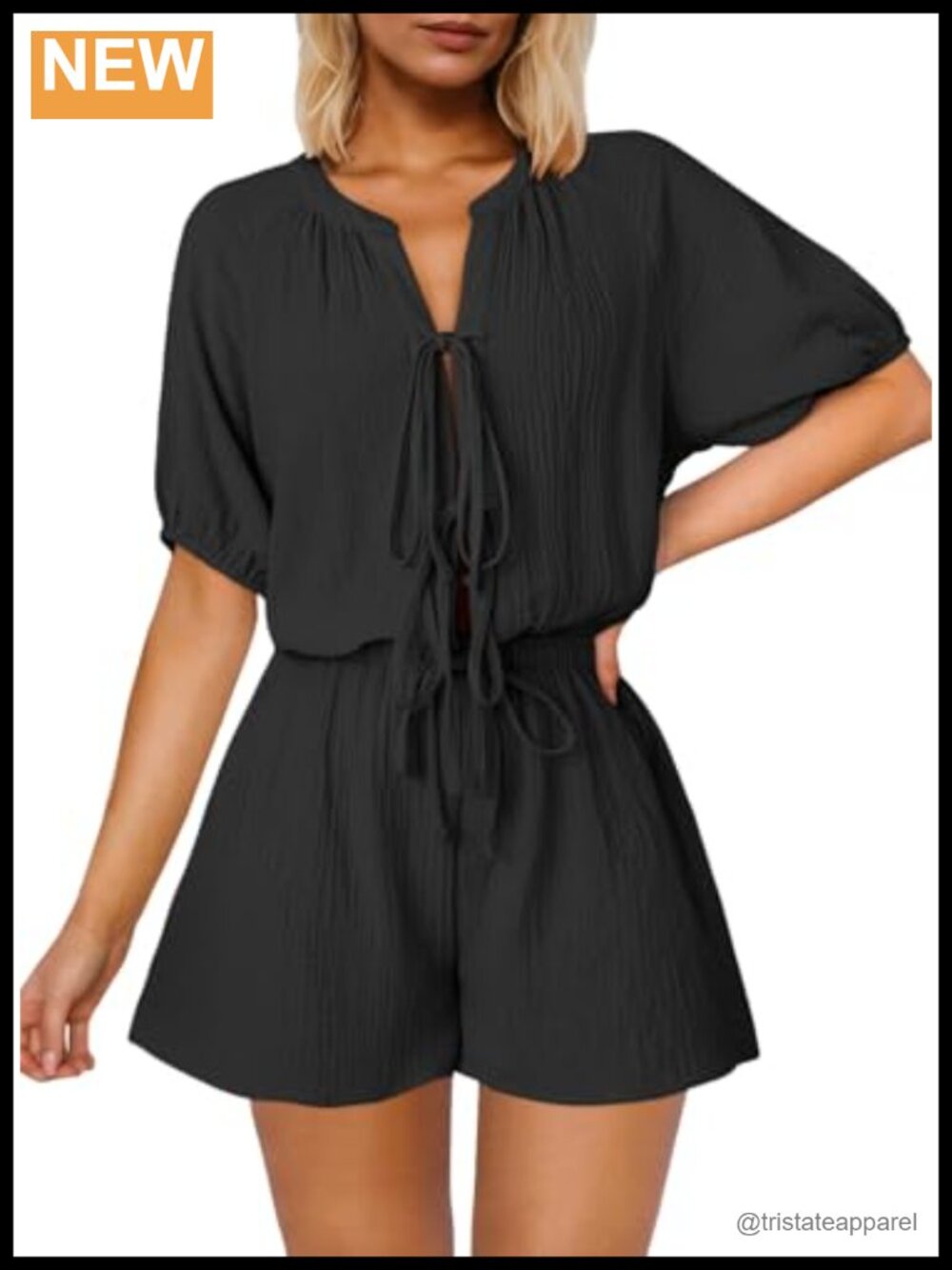 Fixmatti Women Self Tie V Neck Short Sleeve Mini Romper Casual Jumpsuit